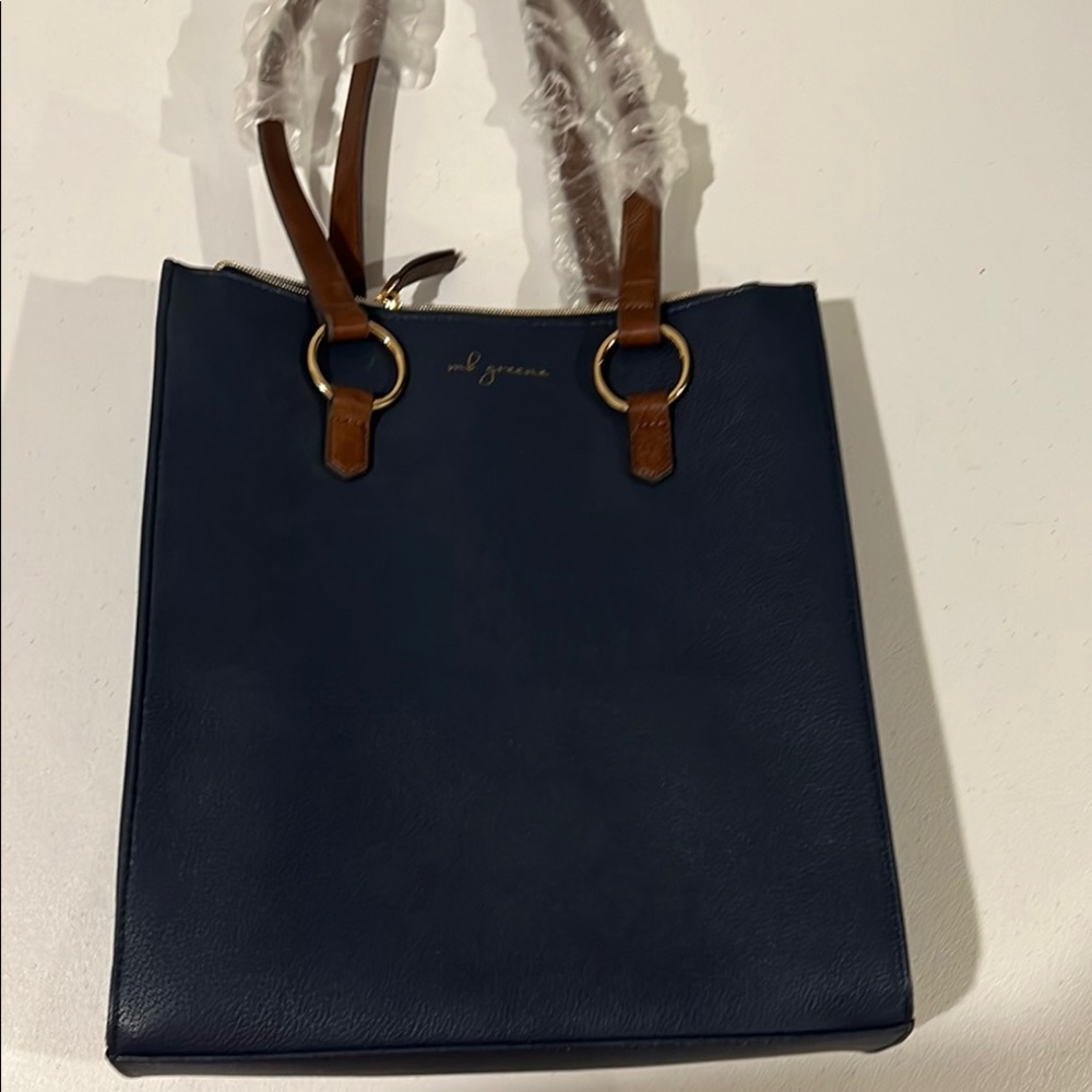 Blue and Brown Laptop Bag with Textured Fabric and Metal Accents